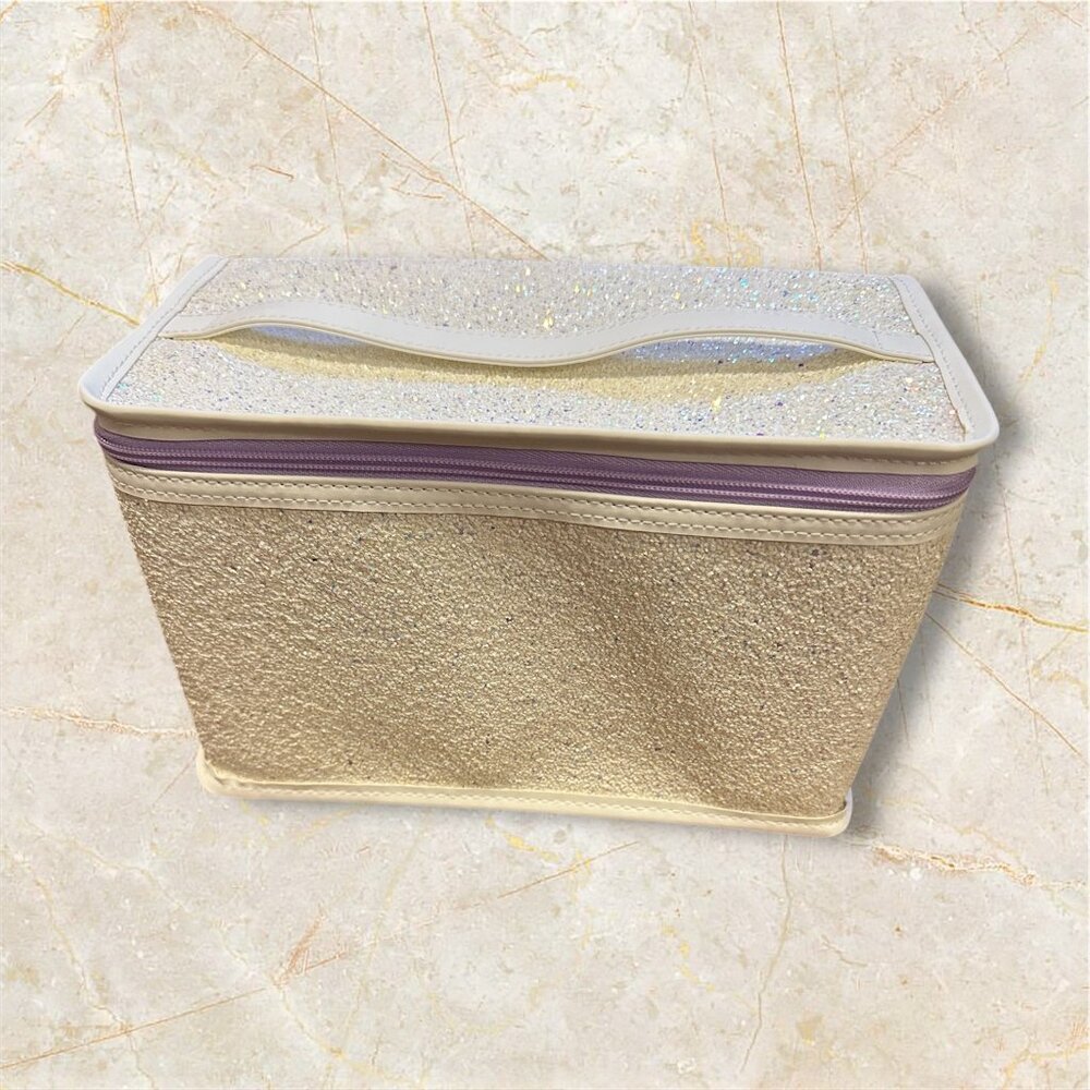 Clinique White Textured Glitter Makeup Travel Bag w/Lilac Zipper